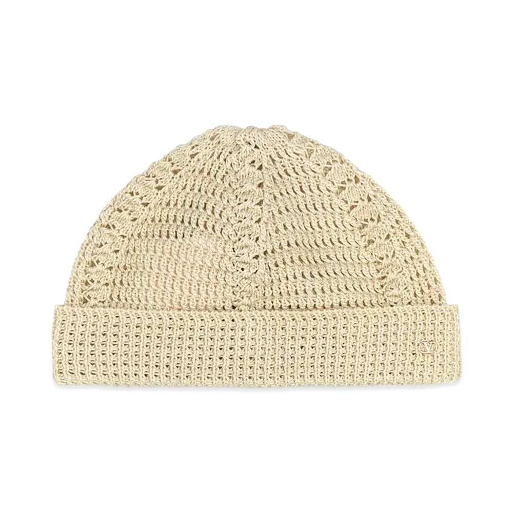Valentino Cotton Knitted Vlogo Signature Beanie Hat "Sand/Beige"