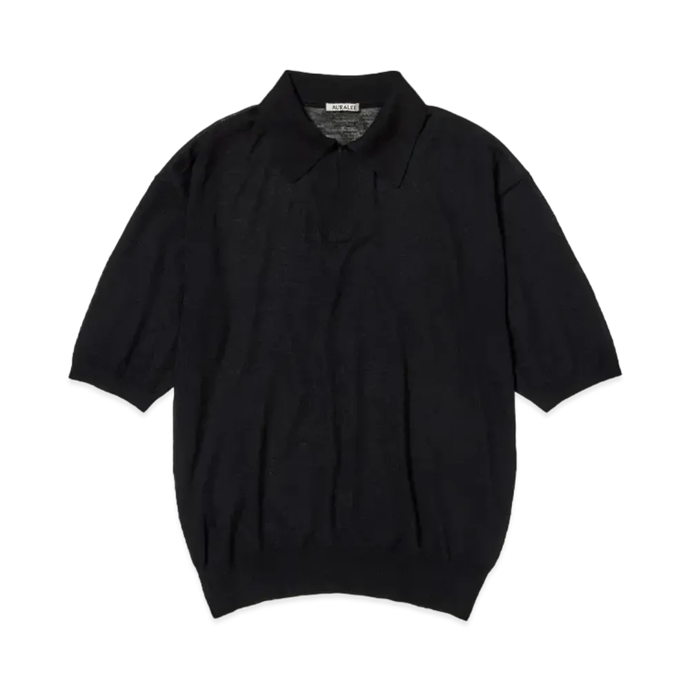 AURALEE Hard Twist High Gauge Wool Silk Knit Skipper Polo "Black"