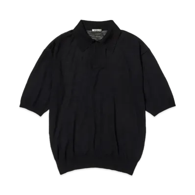 AURALEE Hard Twist High Gauge Wool Silk Knit Skipper Polo "Black"