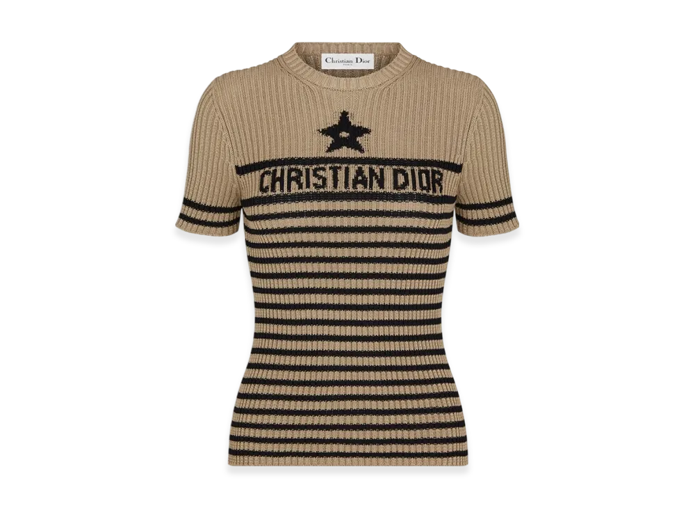 Dior Women's Short Sleeved Sweater Cotton Knit with Signature "Hazelnut"