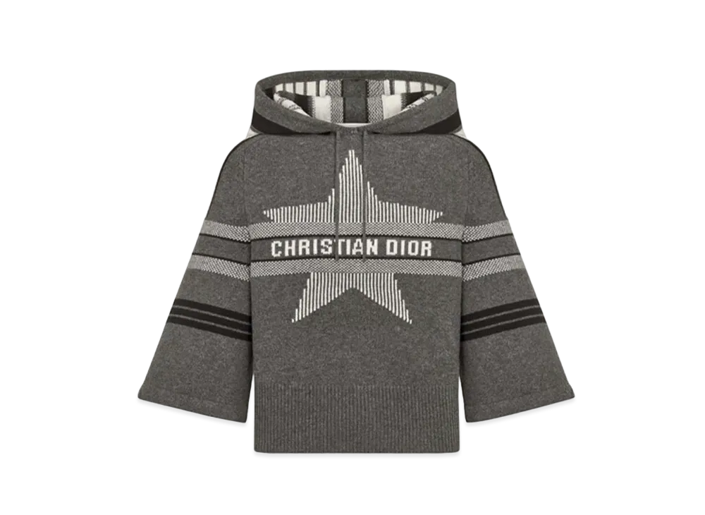 Dior DiorAlps Three-Quarter Sleeve Hooded Sweater Wool and Cashmere Knit with Dior Star Motif "Gray/White"