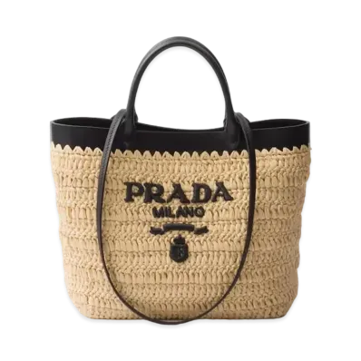 PRADA Small Crochet and Leather Tote Bag "Beige/Black"