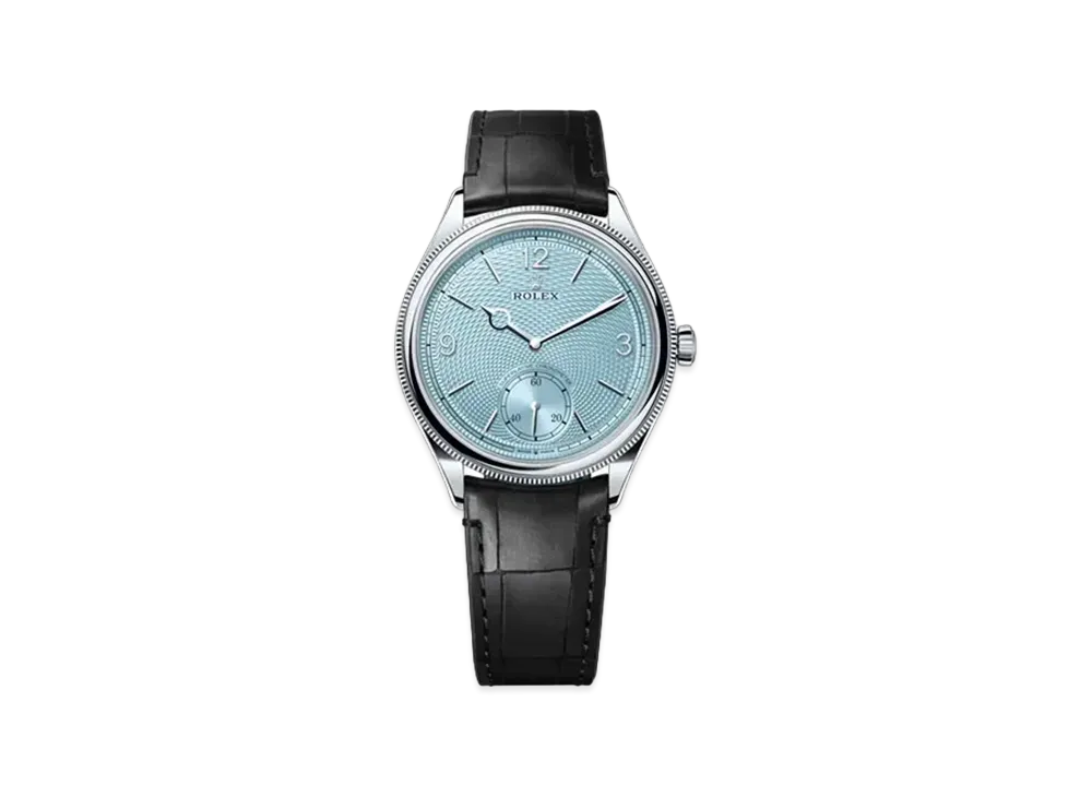 ROLEX 1908 39mm Polished Finish Perpetual Alligator Leather Strap "Platinum/Ice Blue/Matte Black" 52506