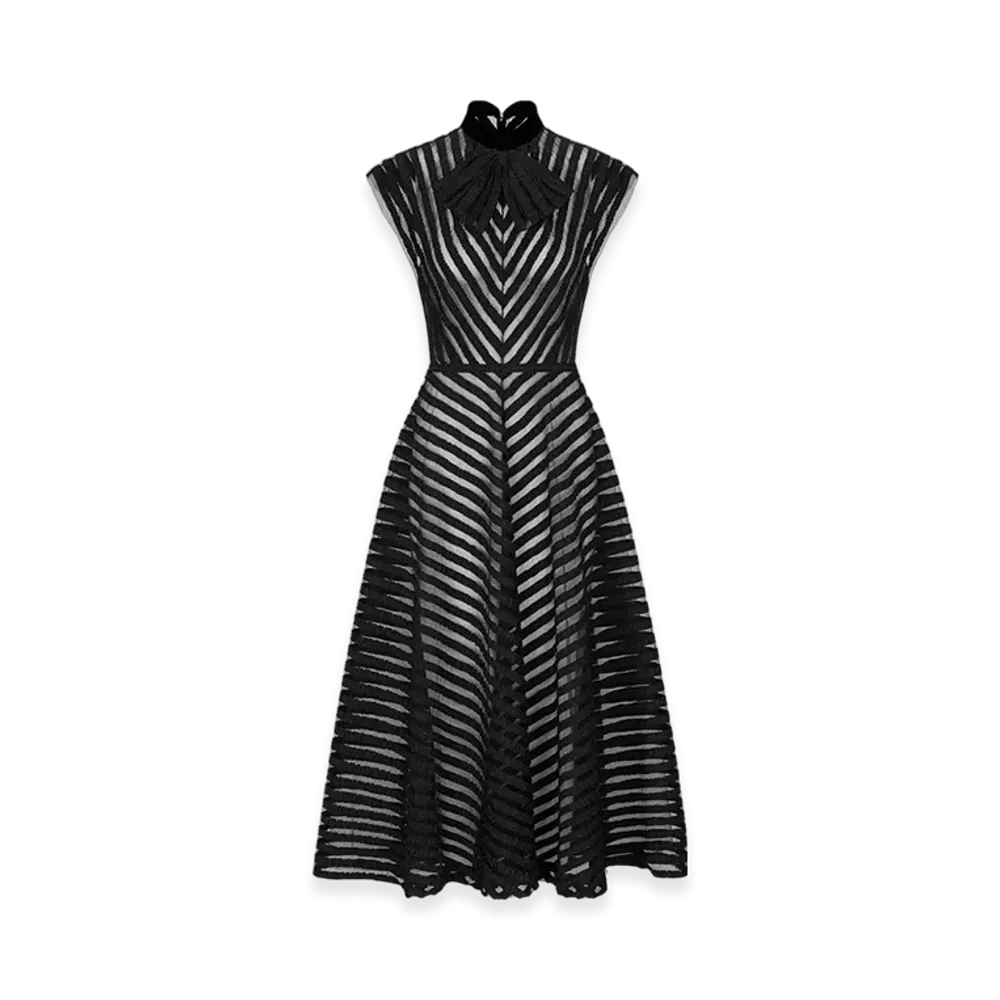 Dior Women's Mid-Length Embroidered Dress Tulle Ribbon Velvet "Black"