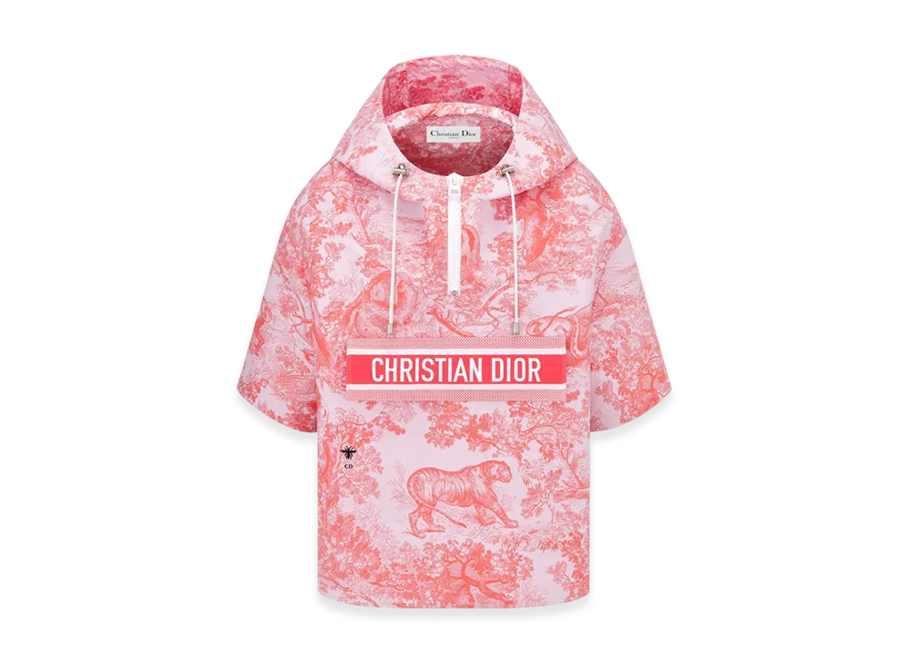 Dior Women's Technical Taffeta Jacquard with Toile De Jouy Sauvage Motif Dioriviera S/S Cropped Anorak with Hood "White/Coral"