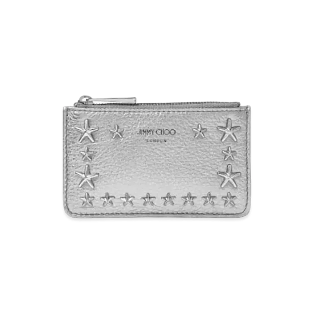 Jimmy Choo Nancy Metaric Soft Grainy Calf Leather Key Case With Stars Studs "Gunmetal"