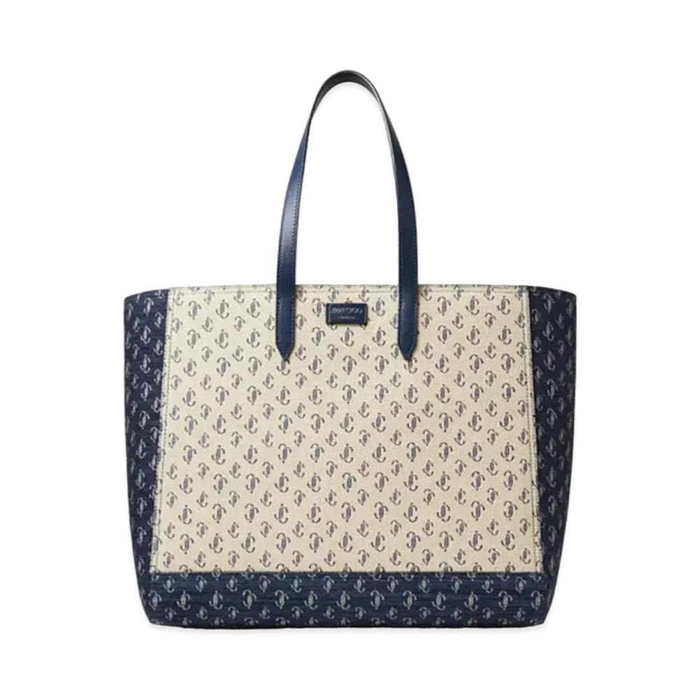 Jimmy Choo Laylin Tote JC Monogram Jacquard Tote Bag "Navy/Sand Dune"
