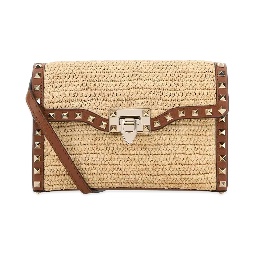 Valentino Women's Raffia Rockstud Crossbody Bag "Beige"