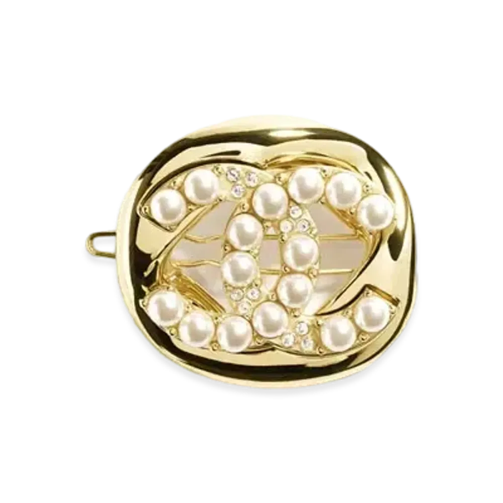 CHANEL Hair Clip Metal, Glass Pearls & Strass "Gold/Pearly White/Crystal"