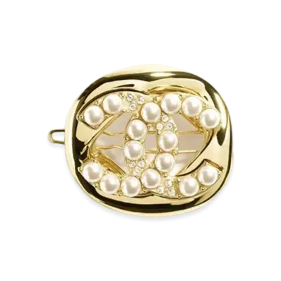 CHANEL Hair Clip Metal, Glass Pearls & Strass "Gold/Pearly White/Crystal"
