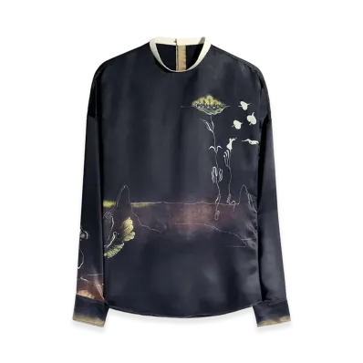 LEMAIRE Women's Landscape Print Silk Plastron Top "Caviar"
