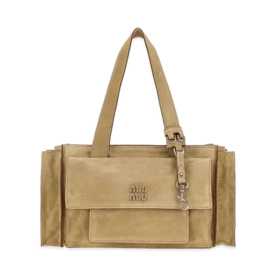 MIU MIU Women's Suede Utilitaire Shopping Bag "Beige"