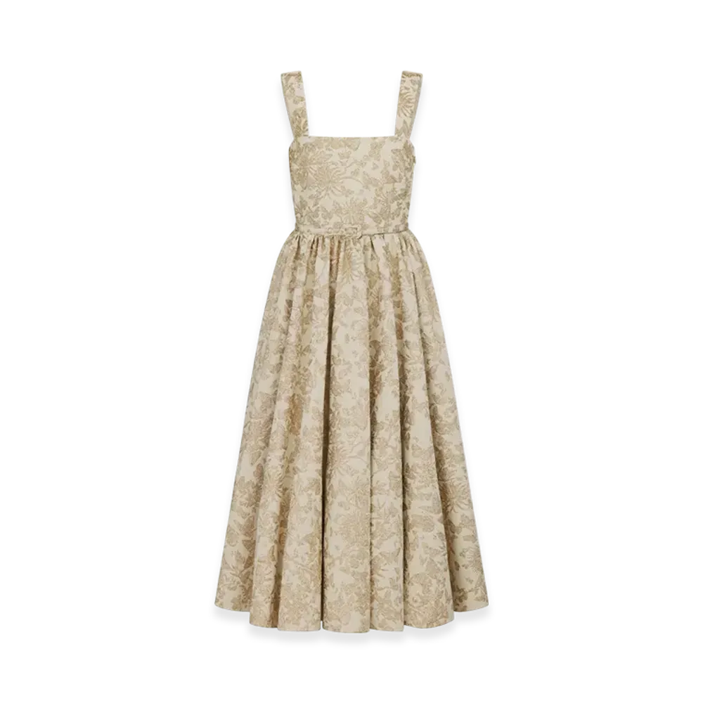 Dior Women's Mid-Length Belted Dress Technical Jacquard Allover Butterfly Motif "White/Gold"