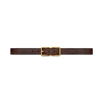 Saint Laurent Double Buckle Belt In Aged Raw Leather "Dark Cotto"