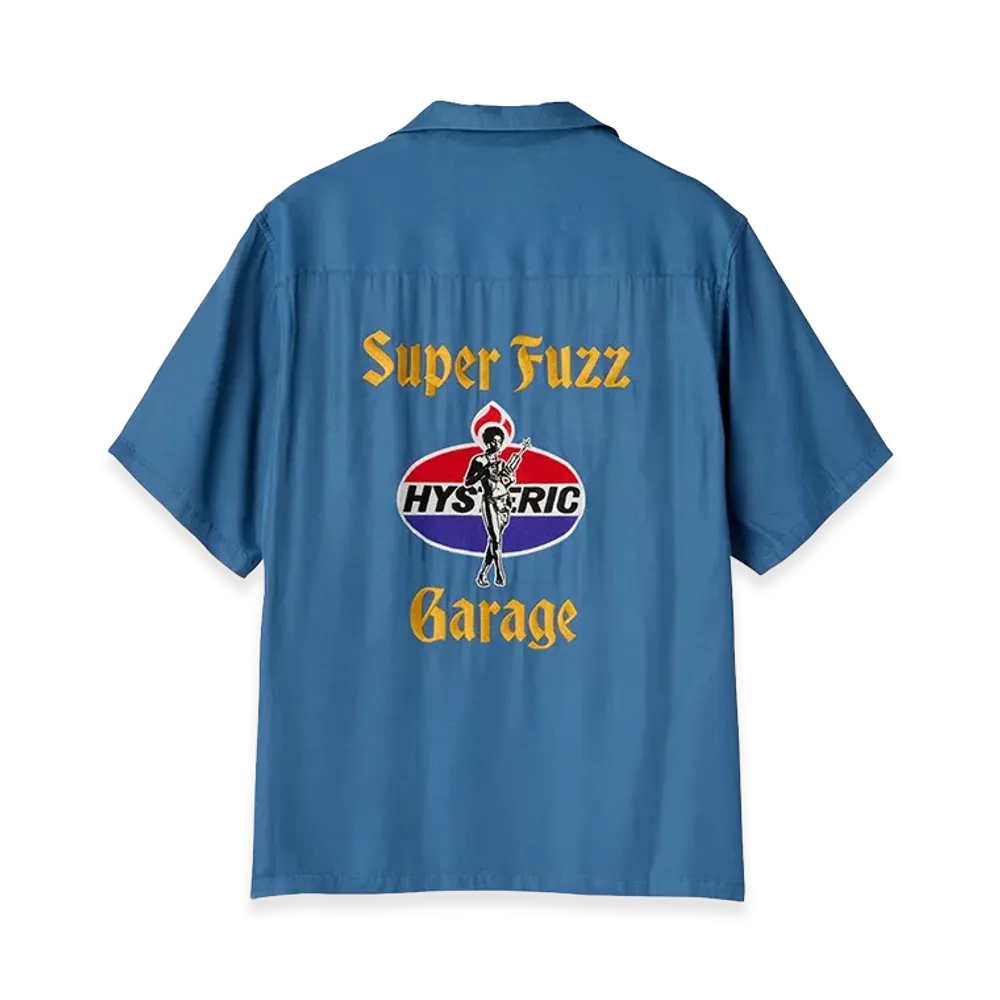 HYSTERIC GLAMOUR Super Fuzz Garage Embroidered Bowling Shirt "Blue"