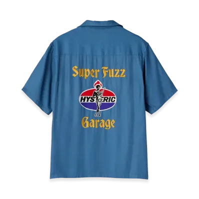 HYSTERIC GLAMOUR Super Fuzz Garage Embroidered Bowling Shirt "Blue"
