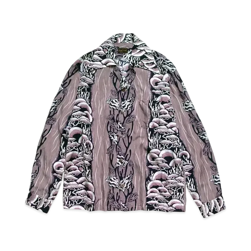 KAPITAL Silk Rayon Souffle & Arrowhead Langle Color Open Collar Shirt "Purple"
