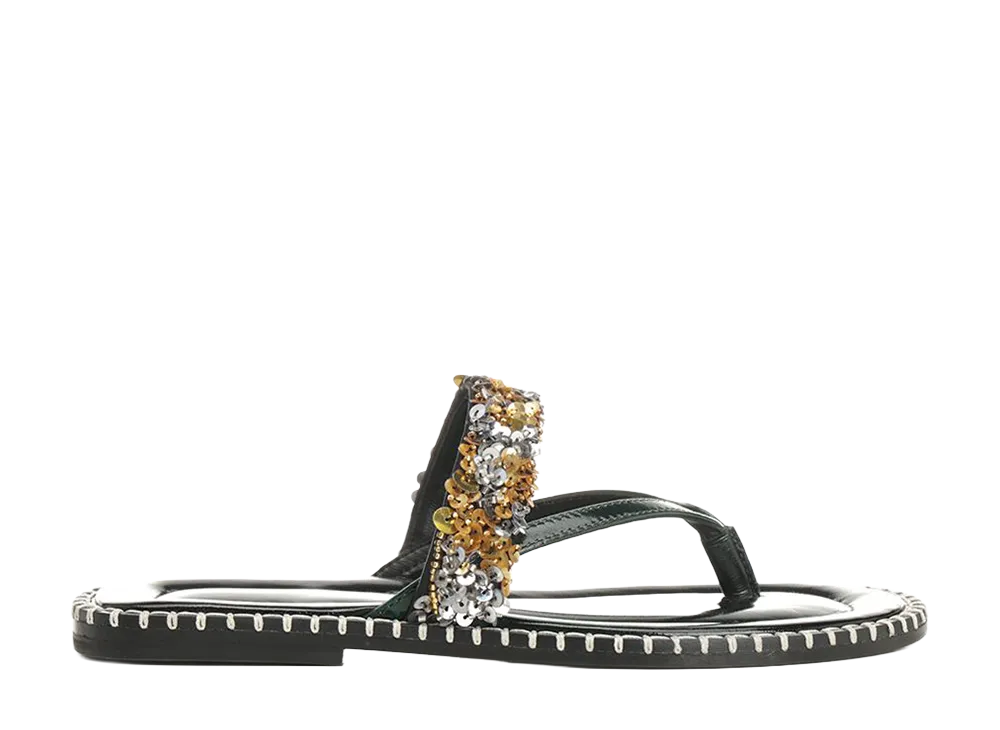 DRIES VAN NOTEN Women's Leather Flip-Flops With Sequins "Silver"