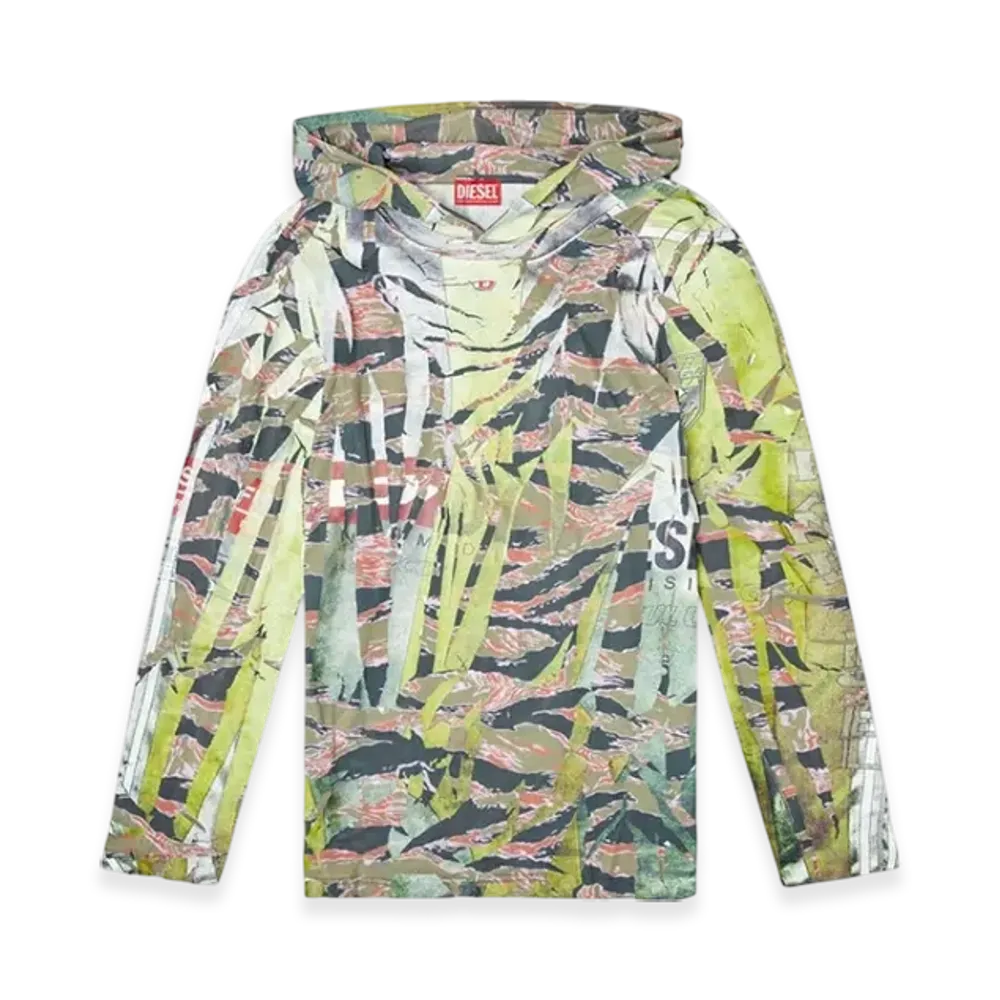 Diesel T-Gillis Camo Hooded Top With Cracked Over-Print "Brown Green"
