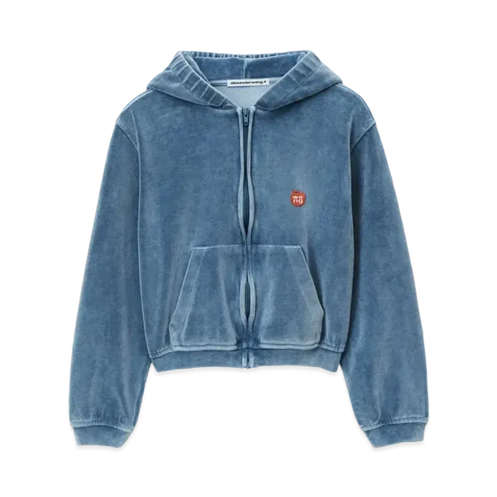 Alexander Wang Apple Logo Velor Shrunken Zip-Up Hoodie "Washed Blue Stone"