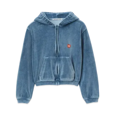 Alexander Wang Apple Logo Velor Shrunken Zip-Up Hoodie "Washed Blue Stone"