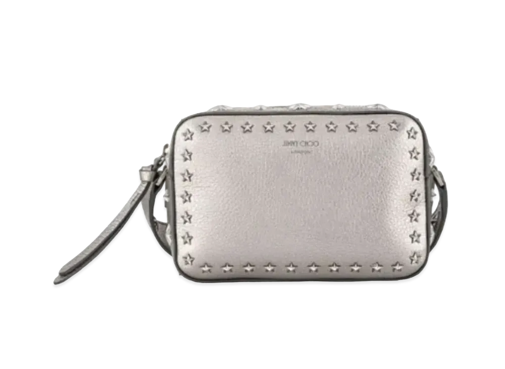 Jimmy Choo Pegasi Camera Bag Metallic Soft Grainy Calf Leather Camera Bag With Star Studs "Dark Silver/Gunmetal"