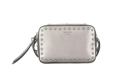 Jimmy Choo Pegasi Camera Bag Metallic Soft Grainy Calf Leather Camera Bag With Star Studs "Dark Silver/Gunmetal"