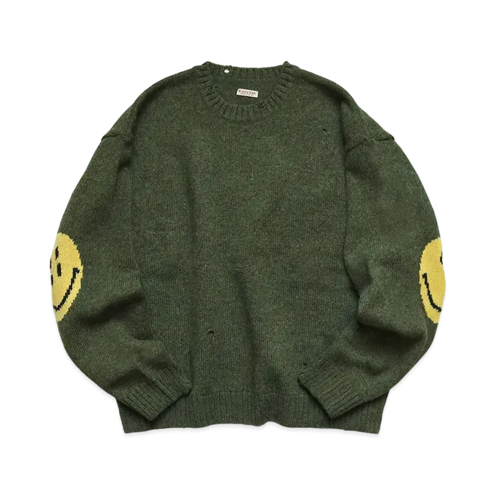 KAPITAL 7G WOOL HAPPY CREW SWEATER "Khaki"