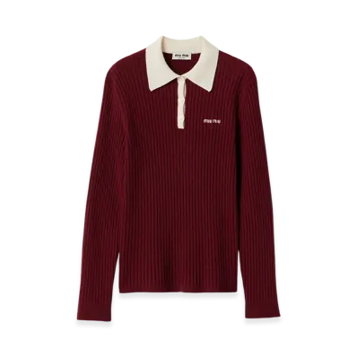 MIU MIU Women's Ribbed Cashmere Polo Shirt "Amaranth/Natural"