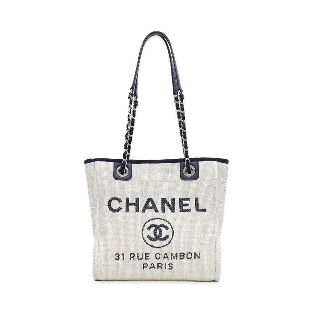 CHANEL Mini Deauville Tote Canvas "White/Navy/Silver"