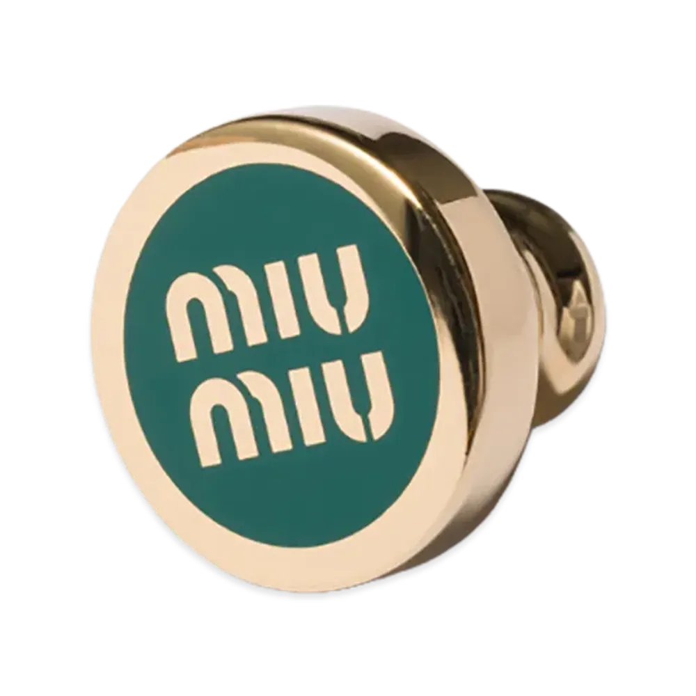 MIU MIU Women's Enamel Metal Logo Brooch "Green"