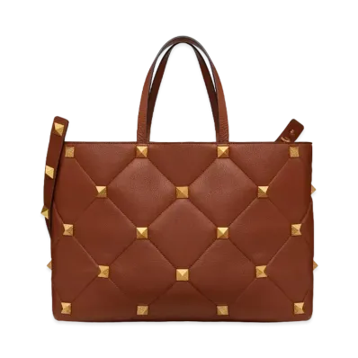 Valentino Roman Studs Grain Calfskin Large Tote "Saddle Brown"