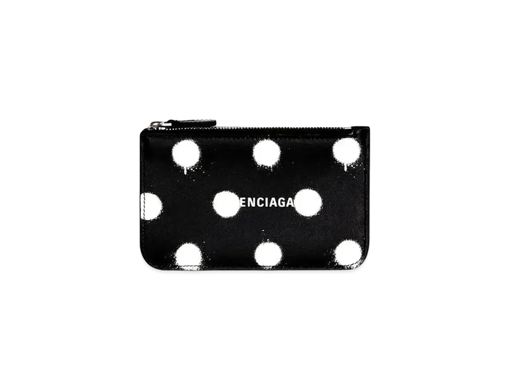 BALENCIAGA Cash Large Long Coin And Card Holder In Sprayed Polka Dots Printed Smooth Calfskin "Black"