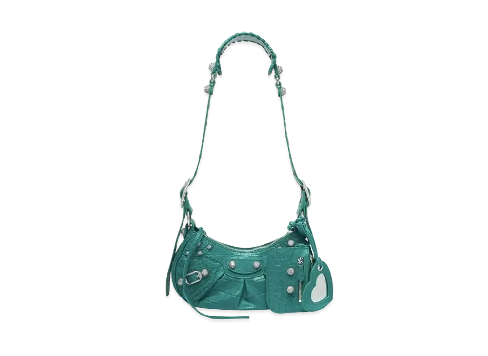 BALENCIAGA Le Cagole XS Shoulder Bag Crocodile Embossed With Rhinestones "Green"