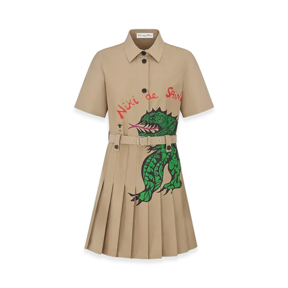 Dior Women's Pleated Shirt Dress Gabardine Dragon Motif "Beige/Green"