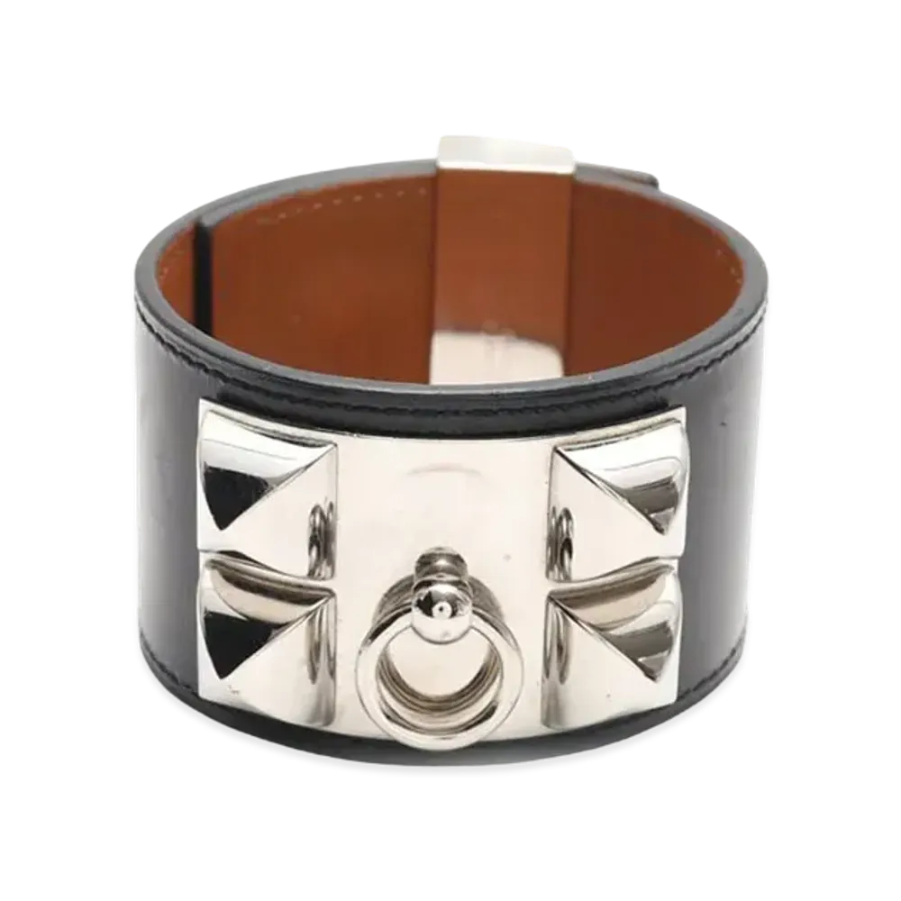 HERMES Collier De Chien Plating Leather Bracelet "Black"