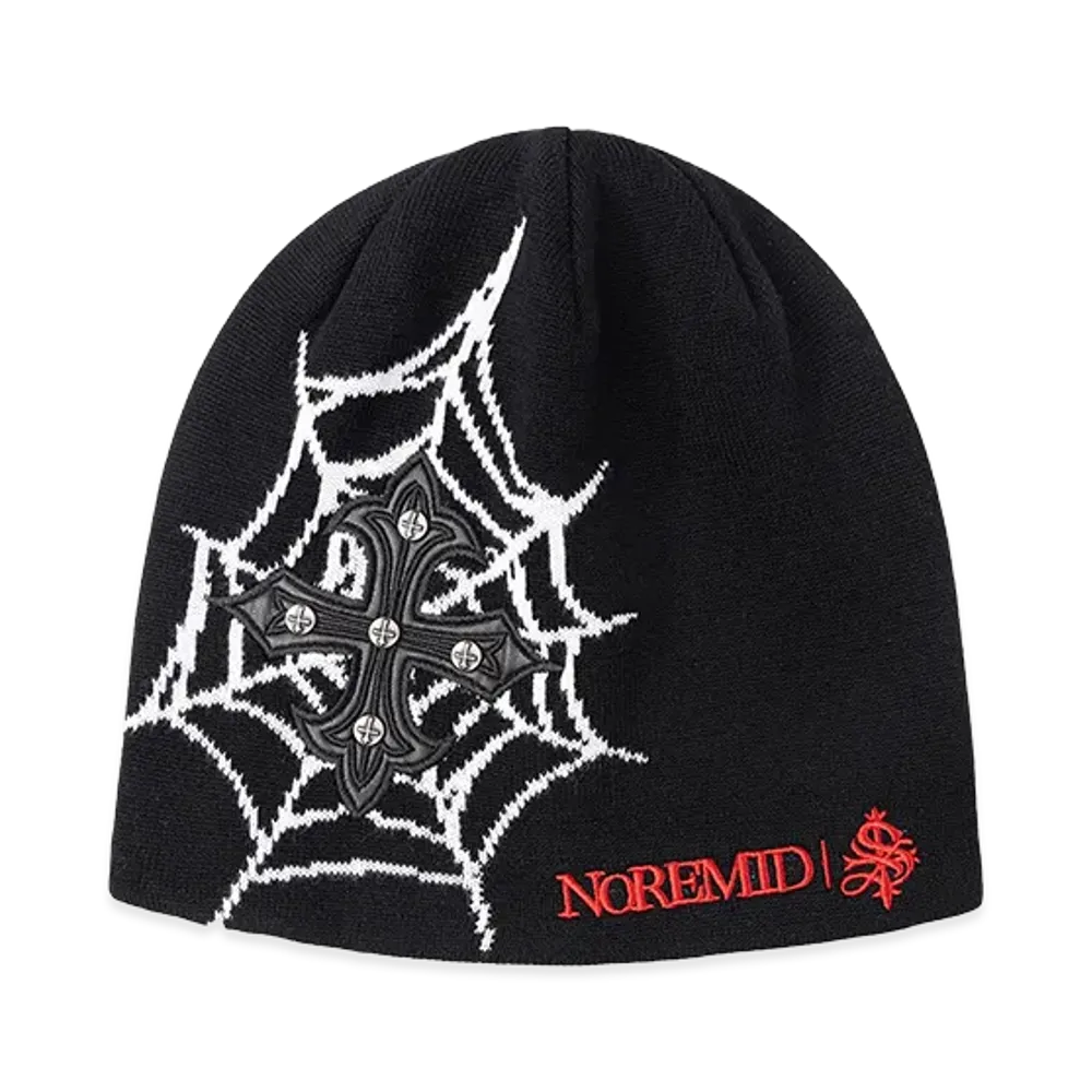 SUPPLIER x Noremid Spider Web Cross Leather Patch Beanie "Black"