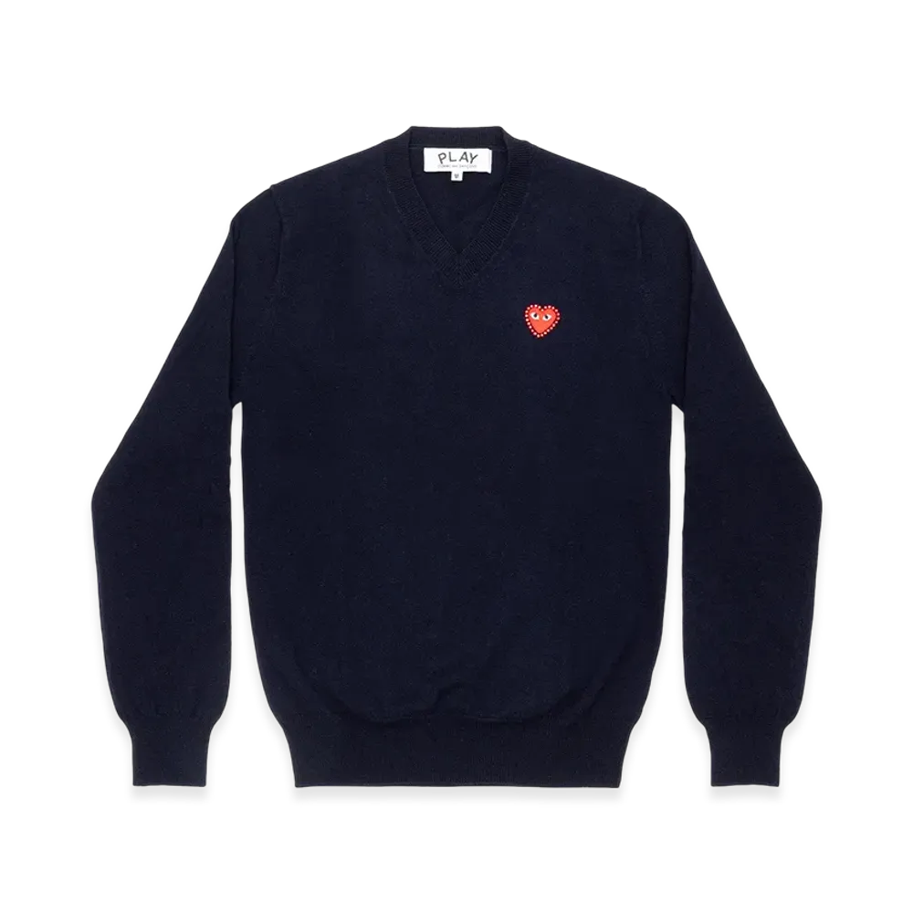 PLAY COMME des GARCONS Unisex V-Neck Sweater with Emblem x Rhinestone "Navy"