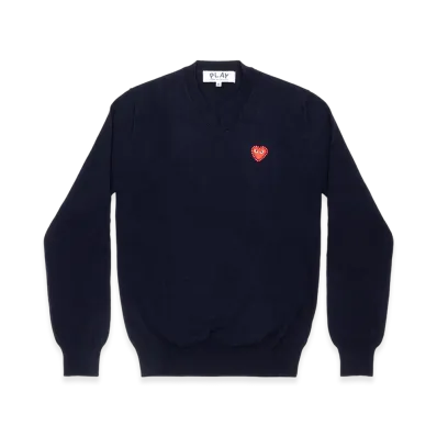 PLAY COMME des GARCONS Unisex V-Neck Sweater with Emblem x Rhinestone "Navy"