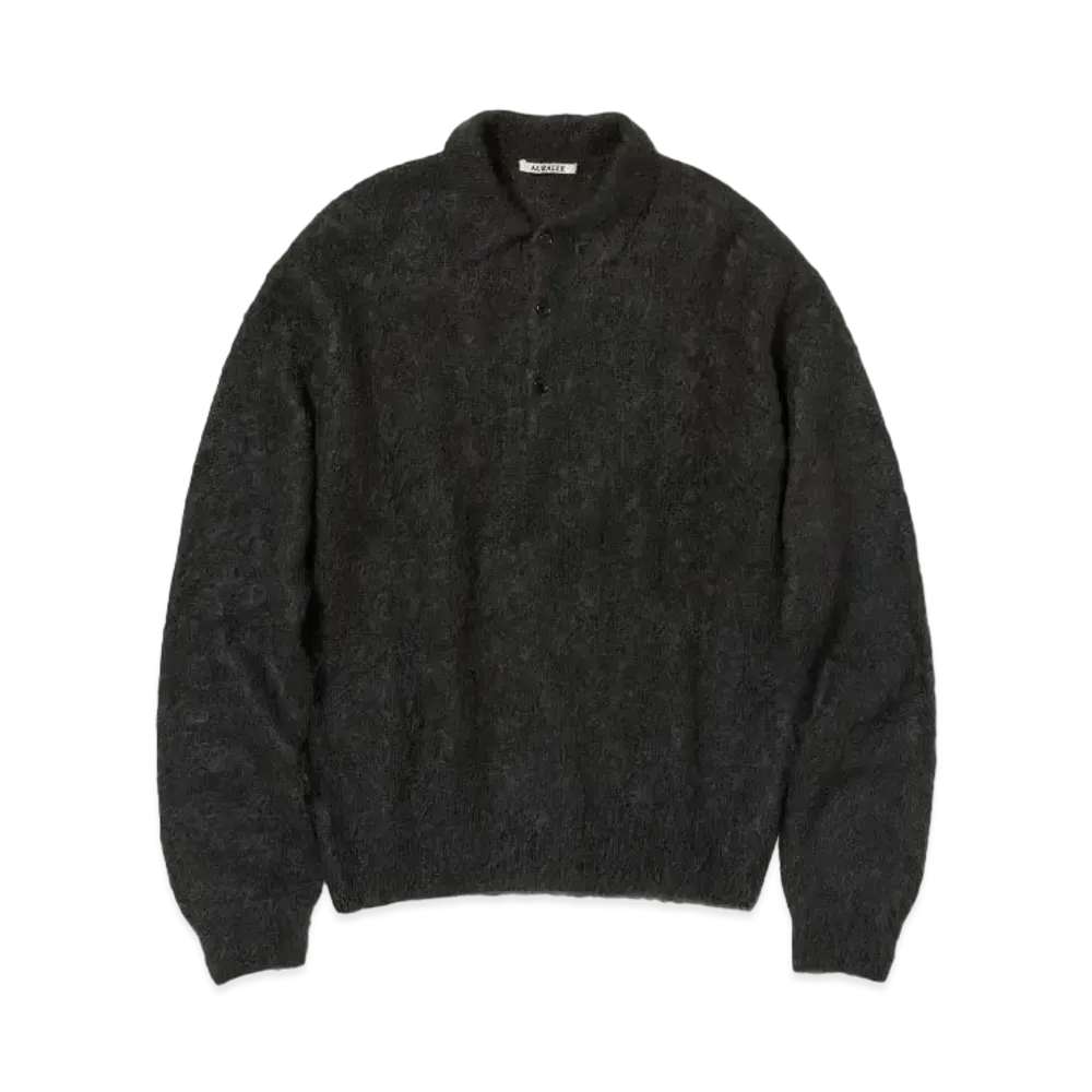 AURALEE Brushed Super Kid Mohair Knit Polo "Ink Black"
