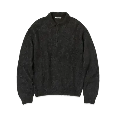 AURALEE Brushed Super Kid Mohair Knit Polo "Ink Black"