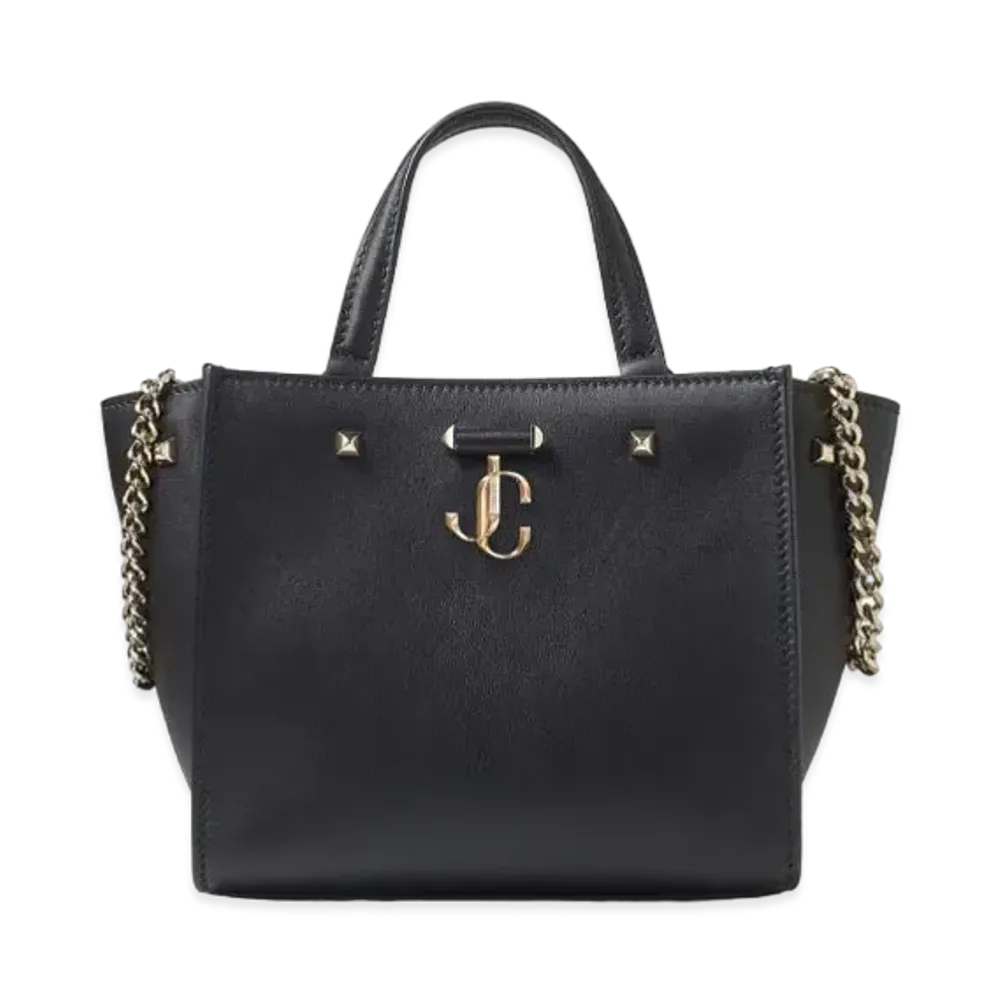 JIMMY CHOO VARENNE TOTE/S Light Gold JC Logo With Fine Shiny Curf Leather Tote Bag "Black"