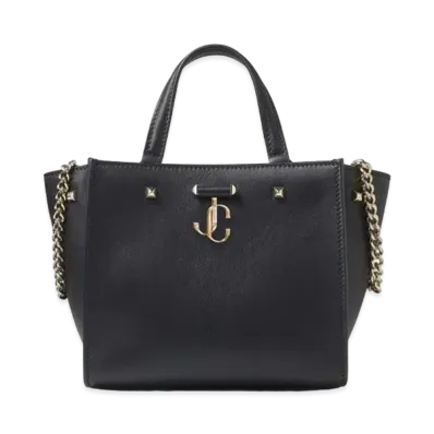 JIMMY CHOO VARENNE TOTE/S Light Gold JC Logo With Fine Shiny Curf Leather Tote Bag "Black"