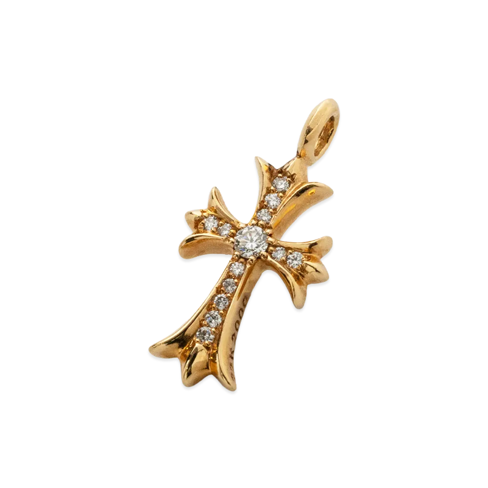 Chrome Hearts 22K Tiny Fat Cross Pave Diamond Pendant Necklace Top "Yellow Gold"