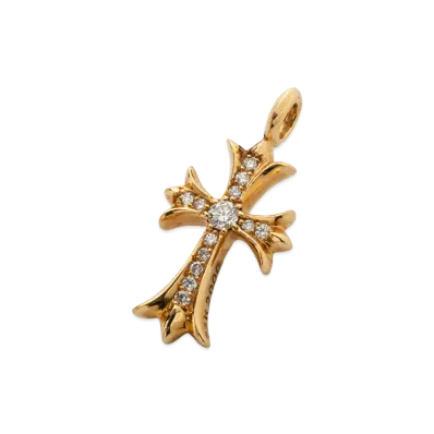 Chrome Hearts 22K Tiny Fat Cross Pave Diamond Pendant Necklace Top "Yellow Gold"