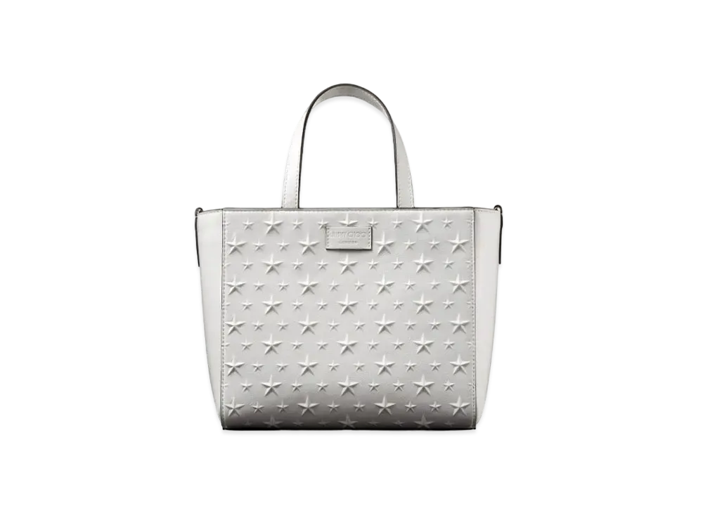 JIMMY CHOO PEGASI/S TOTE Star Emboss Glossy Fabric Small Tote Bag "Latte"