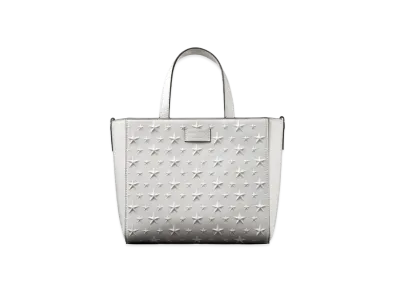JIMMY CHOO PEGASI/S TOTE Star Emboss Glossy Fabric Small Tote Bag "Latte"