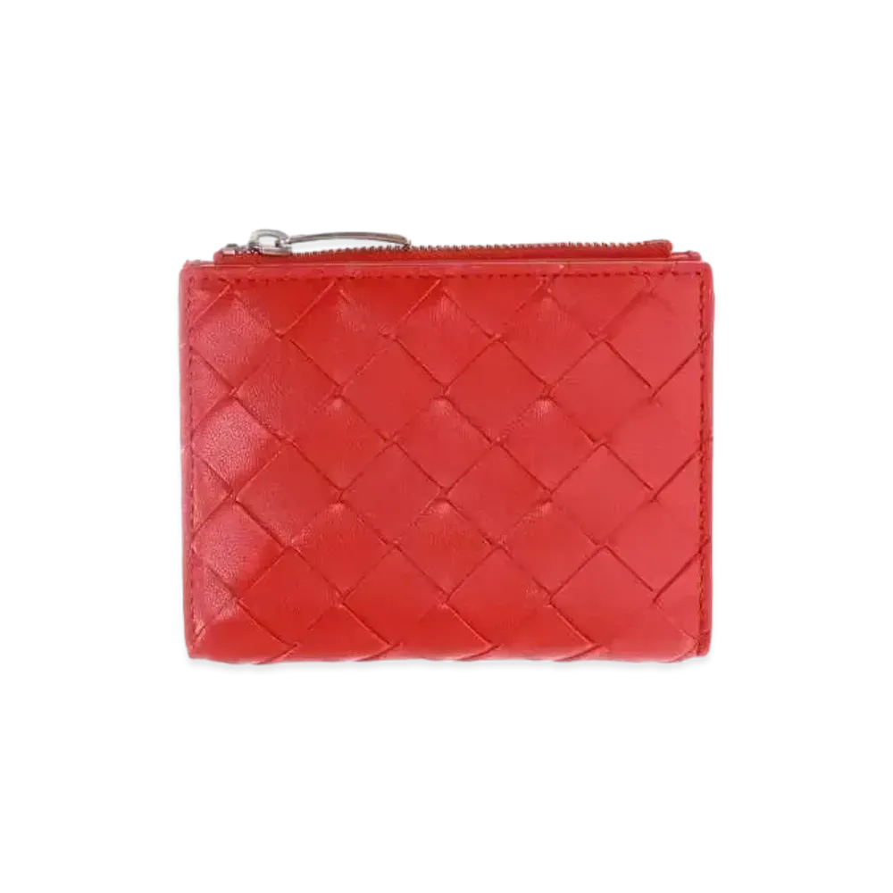 Bottega Veneta Intrecciato Lambskin Calfskin Short Bi-fold Zipper Wallet "Bright Red"
