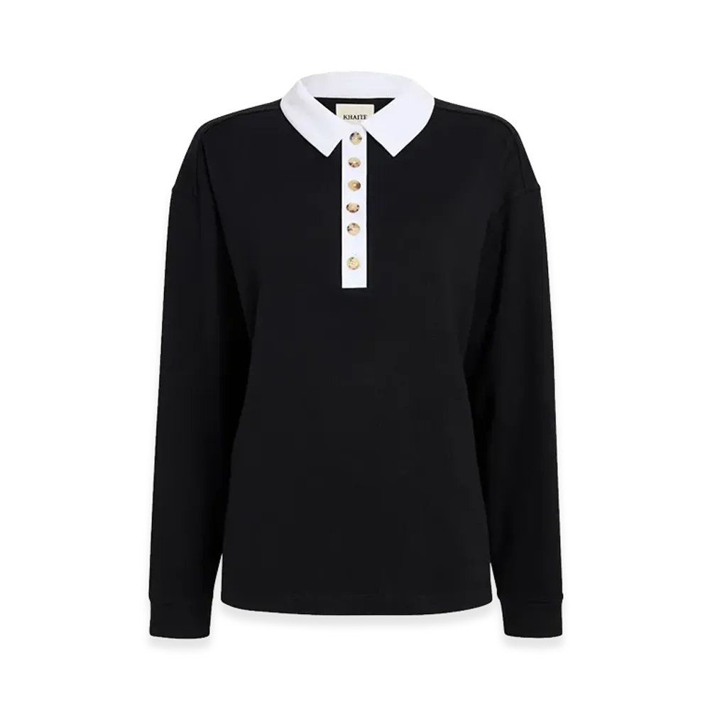 KHAITE Women's Faithful Silk Polo With Contrast Collar "Black/White"
