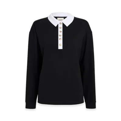 KHAITE Women's Faithful Silk Polo With Contrast Collar "Black/White"